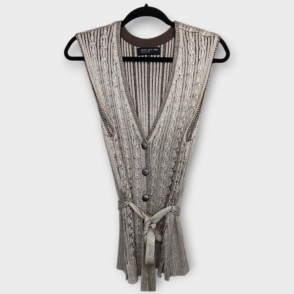 Jones NY Womens‎ Vest Sz M Knit Belted Button Shiny Silver Braided Weave Long